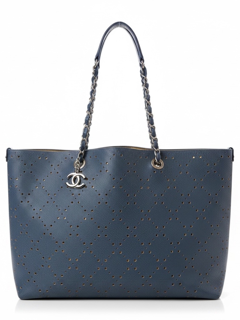 CHANEL Blue Perforated Leather Tote with Silver CC Charm
